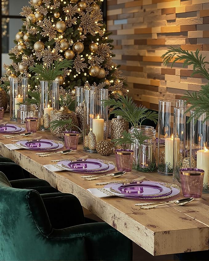 Nervure 175PCS Clear Purple Plastic Plates - Purple Party Plates Set for 25 Guests Include 25Dinner Plate, 25Dessert Plate, 25Cups, 75 Cutlery, 25Napkins Perfect for Wedding, Party & Bridal