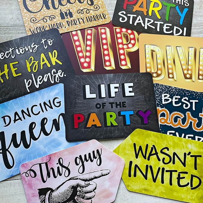 Plastic Photo Booth Prop Signs - Set of 10 Phrases - PARTY Mix