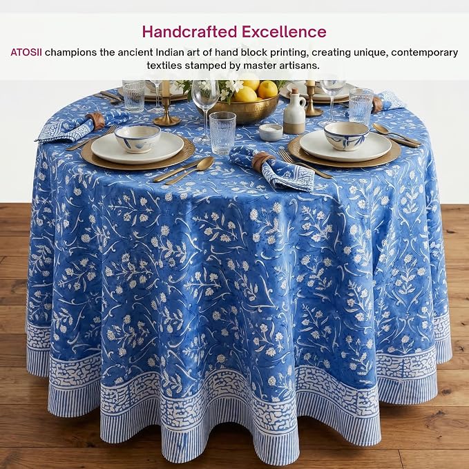 ATOSII Maya Blue 100% Cotton Round Boho Fall Tablecloth, Handblock Floral Table Cloth Linen for Kitchen Dining I Parties Weddings Outdoors Picnics Easter Mothers Day I 60" Inches Round I 4 Seater