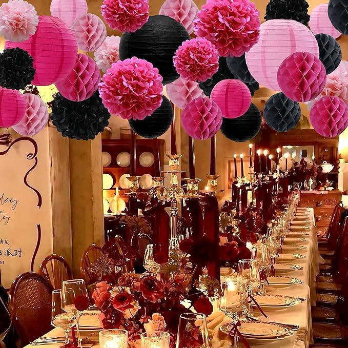 WOLHOWLTD Pink Mouse Paper Decoration Set - 33 Pcs Paper Lanterns, Pompoms, Honeycomb for WeddingValentine's Day,School Day,Bridal Shower,Birthday Party,Home Garden Decoration(Rosy Black Pink)