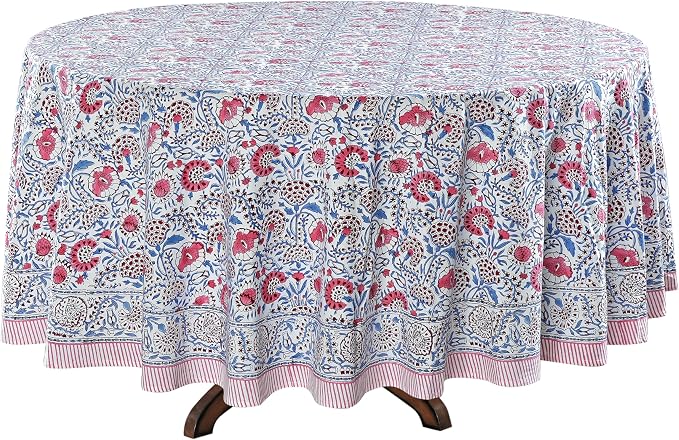 Ridhi Round Tablecloth Hand Block Print 100% Cotton Reusable Flamingo Pink 110 Inch Table Cover Decorative Everyday Use for Dining, Home, Party, Wedding, Farmhouse, Party Gift for Spring, Mother's Day
