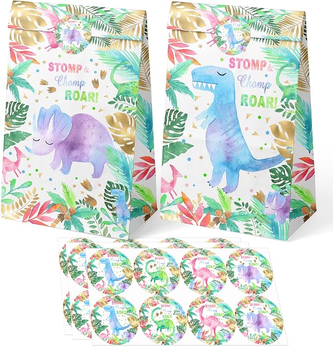 24 Pack Girl Dinosaur Party Favor Bags with Stickers - Pink Watercolor Dino Goodie Bags for Girls Birthday - Stomp Chomp Roar Girl Dinosaur Gift Bags for Candy, Small Toys - Dino Theme Treat Bags