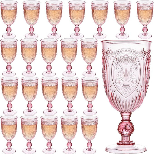 JLYLOL Plastic Wine Glasses 24Pcs Plastic Goblets 7.5oz Colored Retro Embossed Glassware Vintage Stemmed Drinking Cup Reusable Water Goblets for Wedding Reception Grand Event Party Bar,Whiskey (Pink)