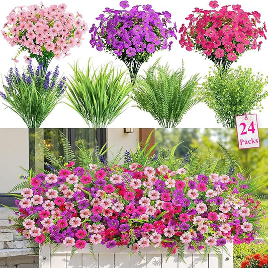 Alupssuc 24 Bundles Artificial Flowers for Outdoors Planters Spring Decoration, UV Resistant Faux Eucalyptus Violet and Lavender Silk Fake Plants for Outside Indoor Yard Home Patio Decor, Mix 3 Colors