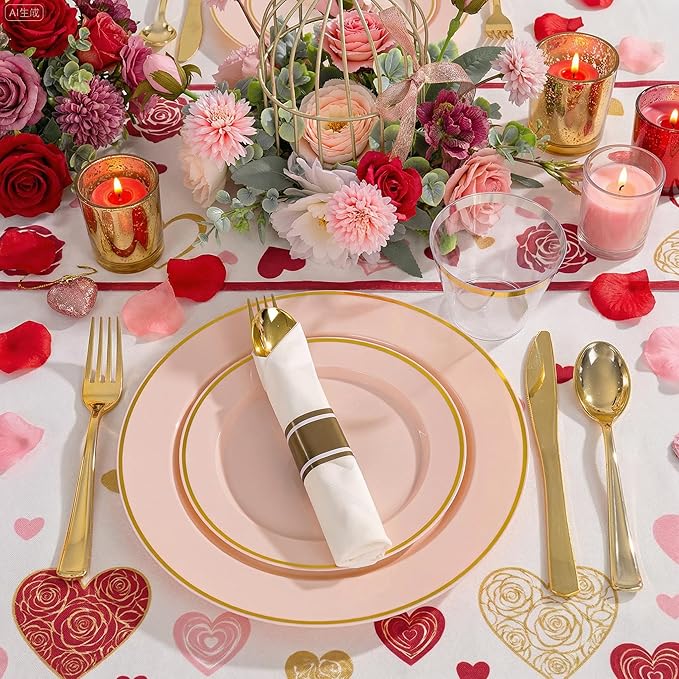 SUT 350 Pcs Pink and Gold Plastic Dinnerware Set for 50 Guests, Include: 50 Dinner Plates, 50 Dessert Plates, 50 Pre Rolled Napkins With Silverware, 50 Cups, Disposable Plates for Baby Shower, Party