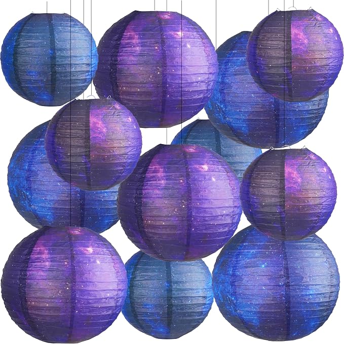 12 PCS Galaxy Paper Lanterns Space Themed Party Decorations, 6 x 12 Inch & 6 x 8 Inch Hanging Round Paper Lanterns for Galaxy Birthday Party Ceiling Room Classroom Decor