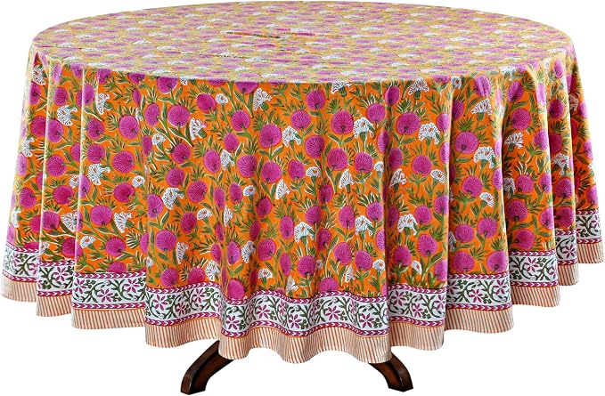 Ridhi Round Tablecloth Hand Block Print 100% Cotton Reusable Bubblegum Pink 90 Inch Table Cover Decorative Everyday Use for Dining, Home, Party, Wedding, Farmhouse, Party Gift for Spring, Mother's Day