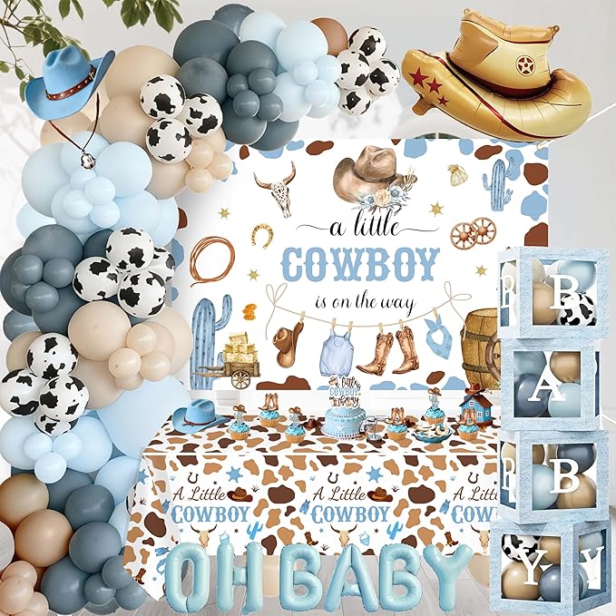 Cowboy Baby Shower Decorations for Boy - Western Theme Party Supplies Include Balloon Garland Arch Kit, Backdrop, Tablecloth, 4 Balloon Boxes, Cake Topper - A Little Cowboy is on the Way Decor Blue