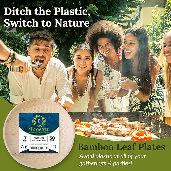 7" Round Bamboo Plates - 50 Pack Disposable Bamboo Plate, Compostable & Eco-Friendly Plates, Natural Bamboo Style, Sturdy & Leak Resistant, Bulk Party Pack for Picnics, Events & Weddings