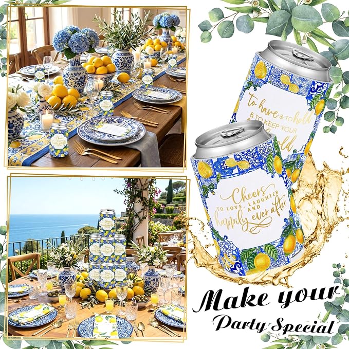 Qinyoung 50 Pieces Capri Lemon Wedding Can Cooler Bulk Amalfi Coast Decor Engagement Party Favors for Guests Cheers to Love Laughter and Happily Ever After Rehearsal Dinner Decorations for Wedding