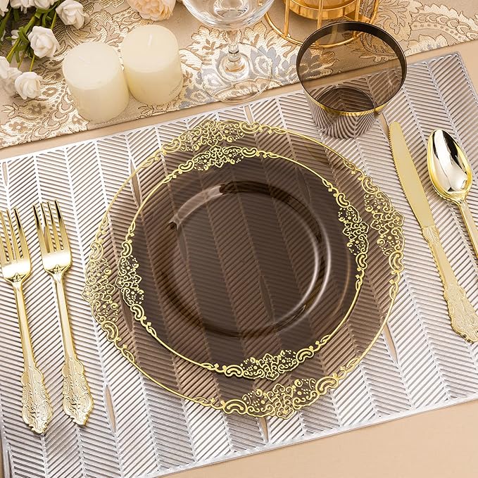 Bestluck 350PCS Clear Black Plastic Plates for 50 Guests, Disposable Plates with Gold Trim include 50 Dinner and Dessert Plates, 150 Gold Silverware, 50 Cups, 50 Napkins for Party & Graduation