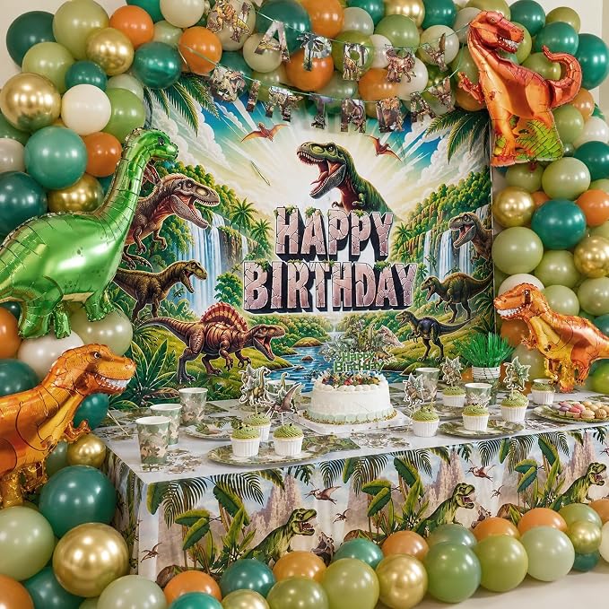 Dinosaur Birthday Decorations for Boys, 150 PCS Jurassic Dino Party Supplies with Backdrop, Dinosaur Balloons, Banner, Tablecloth, Cake Toppers & Stickers