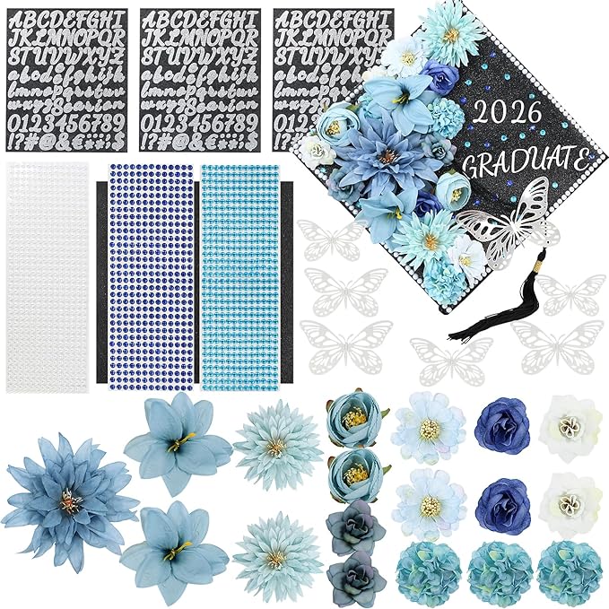 TKNOUS DIY Graduation Cap Decorations Accessory Kit, 3D Butterfly Faux Flower Heads for Grad Hats Decor Rhinestones Stickers Alphabet Letter Stickers Glitter Paper for Cake Wreath Art DIY (Blue)