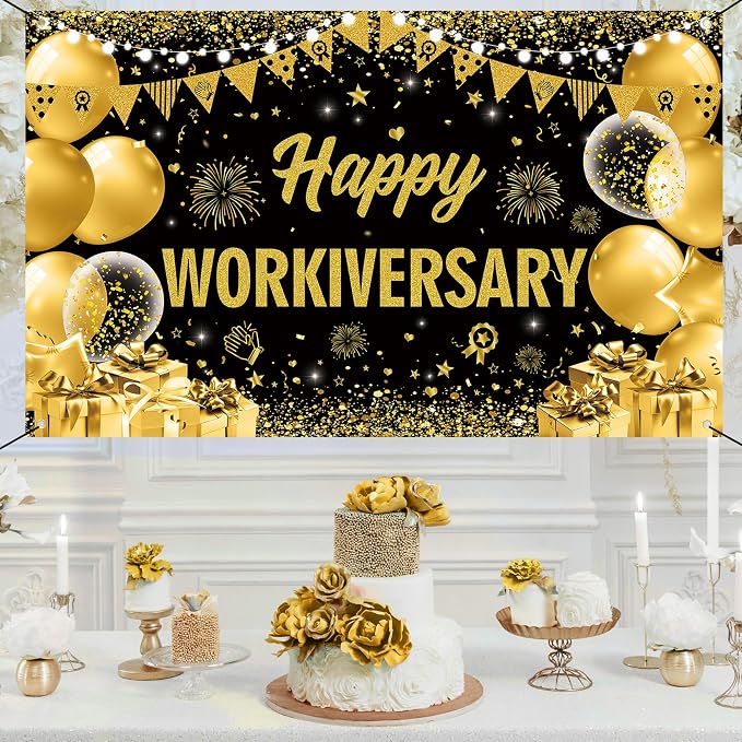 Vlipoeasn Happy Workiversary Banner Decorations for Women Men, Black Gold Work Anniversary Bacdrop Banner Honeycomb Centerpieces, Office Decor Staff Teachers Professors Doctor Nurses Workiversary