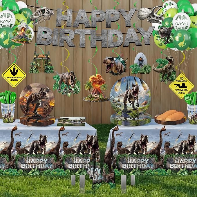 207pcs Dinosaur Party Decorations Plates Napkins Dino World Birthday Supplies Tableware Set Include Plates, Napkins, Cups, Cutlery, Balloon, Banner, Hanging Swirl, Tablecloth for Party Decor Serve 24