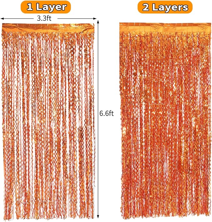 4 Pack Orange Wavy Metallic Tinsel Foil Fringe Curtains | 3.3 ft x 6.6 ft Party Streamer Backdrop Photo Booth for Orange Basketball Party Decorations Holloween Christmas