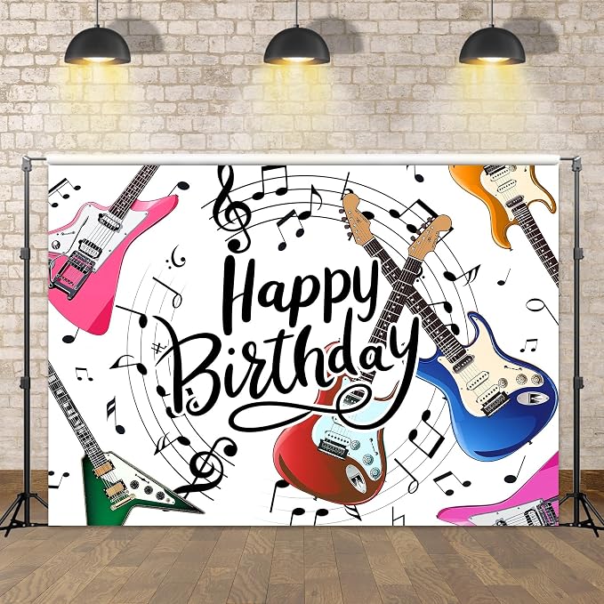 Guitar Happy Birthday Backdrop Music Themed Rock and Roll Musical Note Symbol Bday Party for Kids Photography Background Decoration Colorful Modern Cool Fabric Photo Shoot Studio Props 7Wx5H
