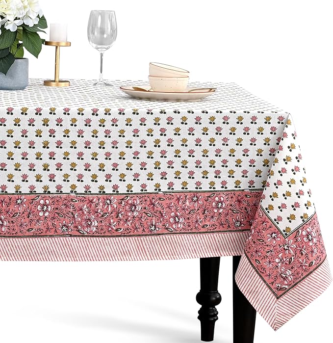 CPC Rosette Bloom Tablecloth 100% Cotton 60x60 Inch Indian Block Print Rectangle Table Cover, Table Cloth for Gifting in Weddings, Halloween, Fall, Christmas, Thanksgiving