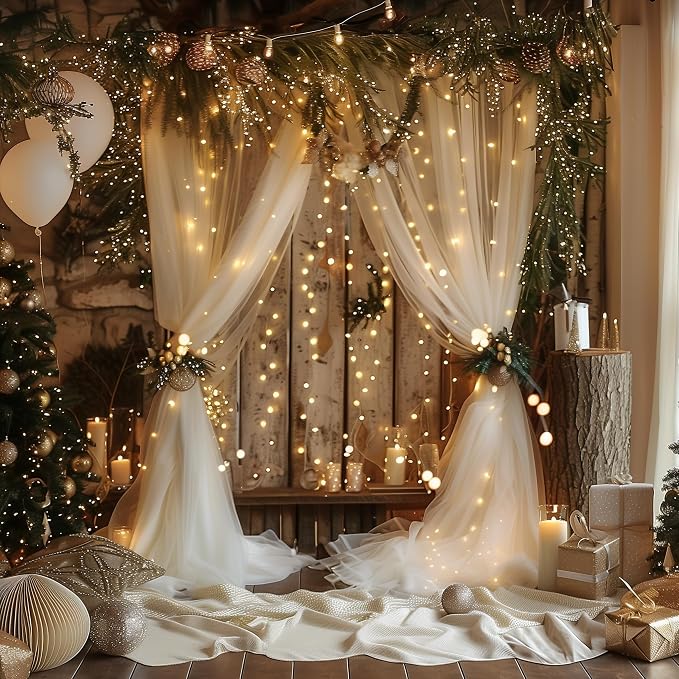 Fomcet Tulle Curtains with Lights String Champagne 20FT X 8FT Sheer Backdrop Curtains for Parties Wedding Baby Shower Photo Shoot Decorations (4 Panels 5x8FT)