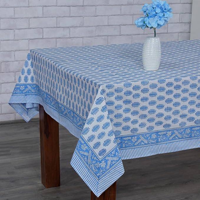 Ridhi Cerulean Blue Hand Block Print Cotton Rectangle Tablecloth 190" x 72" inches Reusable Table Cover Decorative Everyday Use for Dining Room, Farmhouse, Home Gift for Spring, Mother's Day
