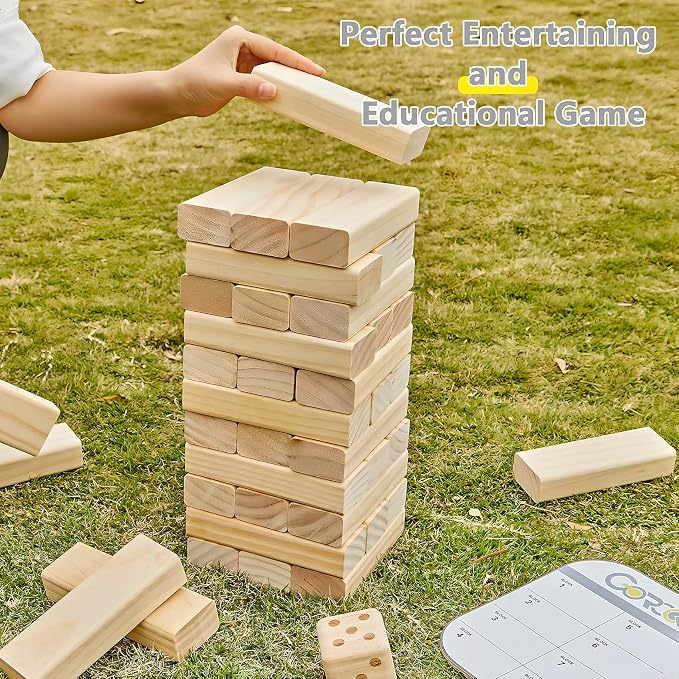 GOROCK Giant Tumbling Tower Game，57Pcs Wooden Block Stacking Game （Over 4.2FT），Classic Family Indoor Outdoor Yard Party Games for Kids and Adults with Carry Bag