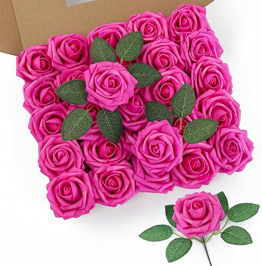 DuHouse 50Pcs Artificial Roses Flowers Fake Roses with Stems Real Touch Foam Flowers for DIY Wedding Bouquet Party Centerpiece Floral Arrangement Party Home Decor(Hot Pink)