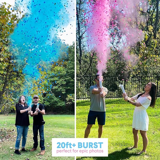 PrimePure Gender Reveal Confetti Cannon - Biodegradable Powder & Heart Shaped Confetti Poppers - 2 Pink & 2 Blue, 4 Pack - Baby Boy or Baby Girl Gender Reveal Smoke Bomb - Powder Cannon Party Poppers