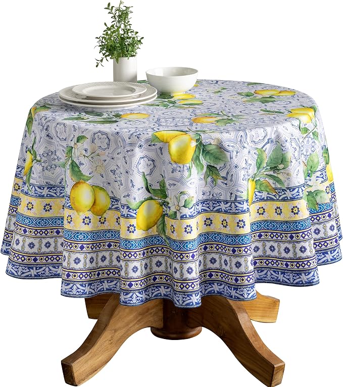 Maison d' Hermine Table Cloth Round Table 100% Cotton 63 Round Inches Tablecloth Reusable Decorative for Dining Kitchen Room Farmhouse Party Home Hotel Restaurant Spring Summer - Citrus