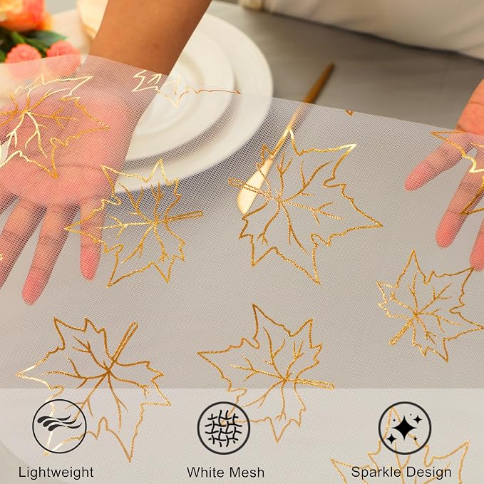 Snowkingdom 2 Pcs Gold Table Runner, Gold Maple Leaves Fall Thanksgiving Table Decorations for Autumn Harvest Sequin Glitter Lightweight White Thin Mesh Sparkle Farmhouse Dining Party Decor 108 Inch