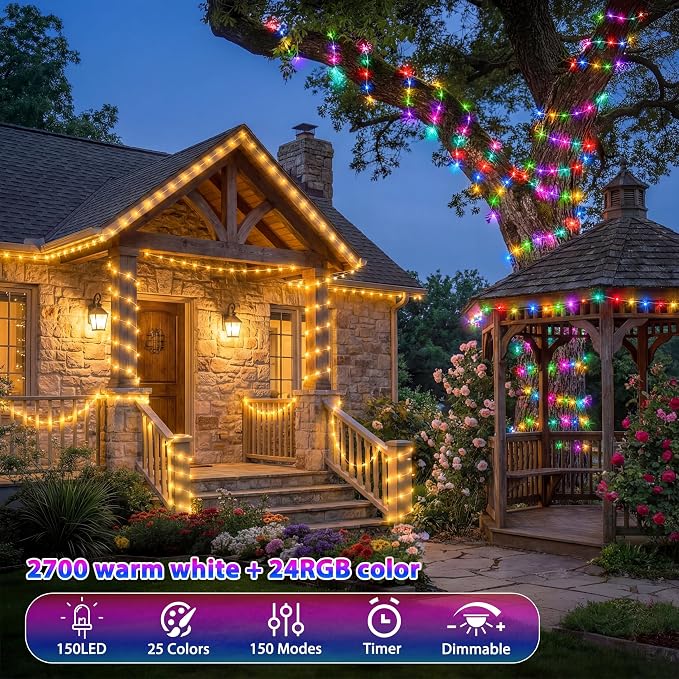 100FT 300LEDs Fairy Lights Plug in, 30V 24 RGB Colors+Warm White Color Changing Twinkle Lights, 150 Lighting Modes Timer String Light with Remote for Indoor Outdoor Festival DIY Decor