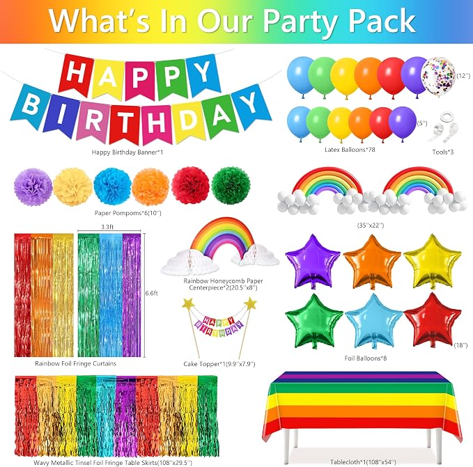 THAWAY Rainbow Birthday Decorations, 104Pcs Colorful Birthday Party Decorations for Boys and Girls, Rainbow Party Supplies Colorful Streamers Party Decors Set, Birthday Party Backdrop