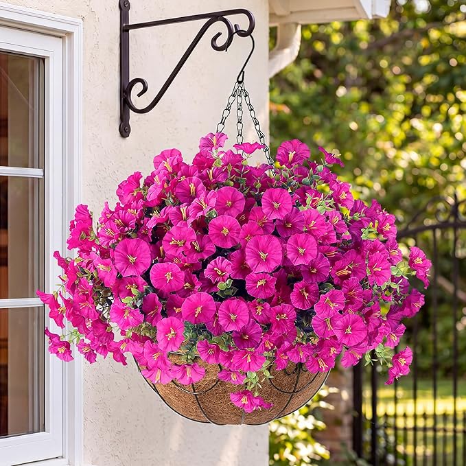 Sggvecsy Artificial Flowers for Outdoors with Baskets Hanging Plant Faux Flowers UV Resistant Fake Silk Morning Glory with Eucalyptus for Planter Porch Garden Home Spring Summer Decoration(Fuchsia)