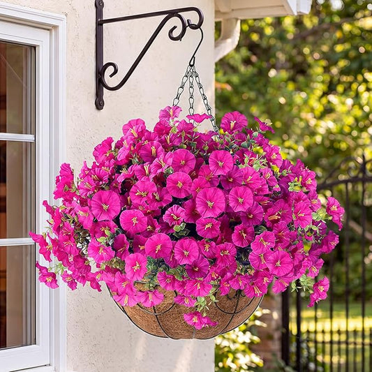 Sggvecsy Artificial Flowers for Outdoors with Baskets Hanging Plant Faux Flowers UV Resistant Fake Silk Morning Glory with Eucalyptus for Planter Porch Garden Home Spring Summer Decoration(Fuchsia)