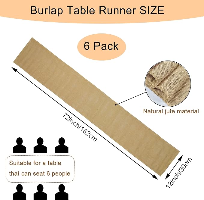 6 Pack Natural Burlap Table Runners,12 x 72 Inch Rustic Jute Table Runner and Placemats Bulk for Western Wedding Table Decorations,Farmhouse Style Party,Holiday,Kitchen Coffee Table Decor Cover