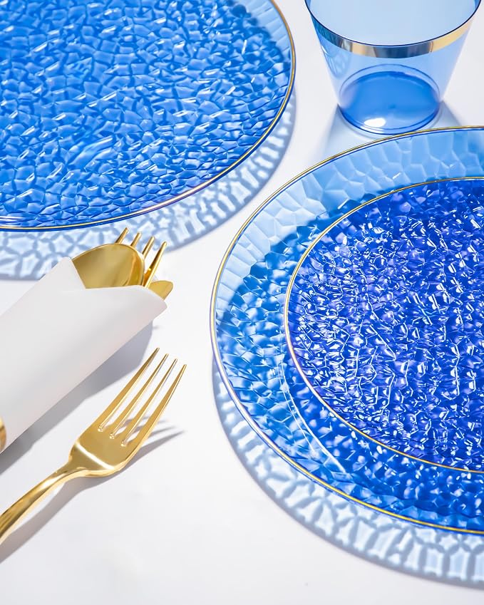 Hioasis 60pcs Blue Plastic Plates - Gold Rimmed Disposable, Hammered, Heavy-duty Dinnerware Set Suitable for 30 Guests, 10.25" Dinner & 7.5" Dessert Plates for Party & Wedding