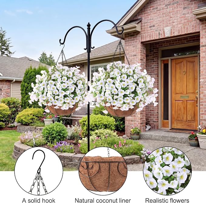Sggvecsy Artificial Flowers for Outdoors with Baskets Hanging Plant Faux Flowers UV Resistant Fake Silk Morning Glory with Eucalyptus for Planter Porch Garden Home Spring Summer Decoration(White)