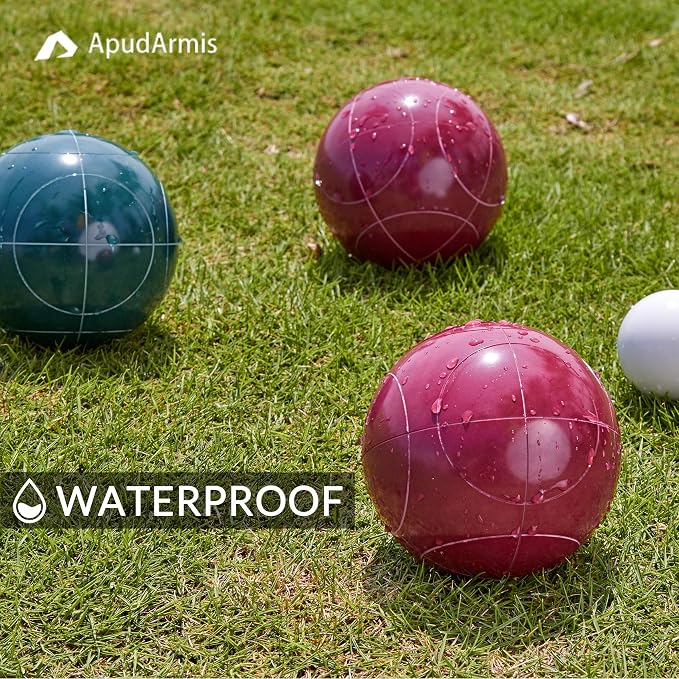 ApudArmis Bocce Balls Set, Regulation Size 100mm Bocce Game for Outdoor/Backyard/Lawn/Beach with 8 PCS 100% Poly-Resin Balls / 1 Pallino/Nylon Carrying Case/Measuring Rope (Red,Blue,Green,Yellow)
