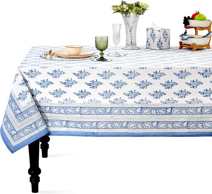 Ridhi Block Print Coastal Blue Rectangle Cotton Tablecloth 90" x 60" Reusable Table Cover Decorative Everyday Use for Dining, Farmhouse, Home Gift for Spring, Easter, Valentine