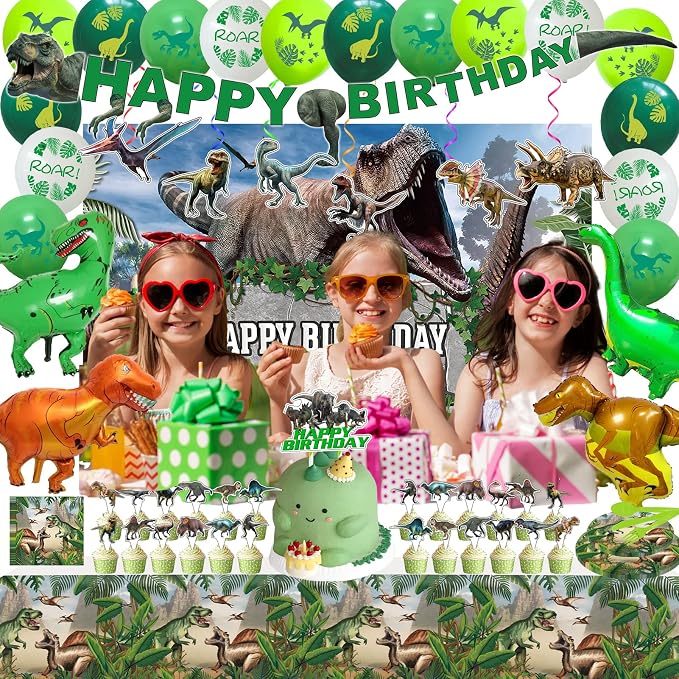 Dinosaur Themed Birthday Party Decoration Kit - Includes Backdrop, Tablecloth, Birthday Banner, Cake/Cupcake Toppers, Hanging Swirls, Disposable Tableware Set, Latex and Foil Balloon