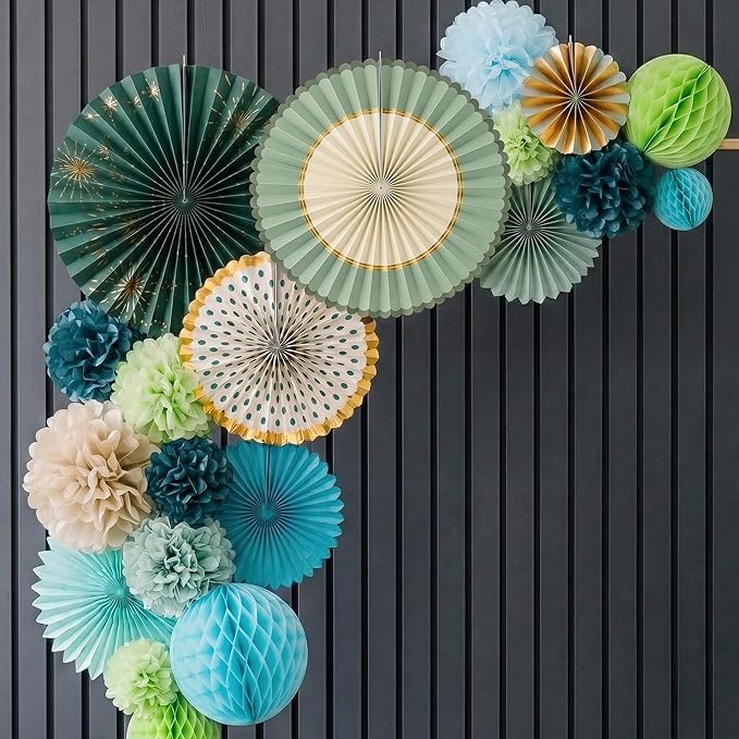 PapaKit 26pc Deluxe Large Sage Green & Gold Party Decoration Set - Premium Paper Fans, Honeycomb Balls & Pom Poms Backdrop - Party Wall Decor for Baby Shower, Wedding, Birthday, & Bridal Shower