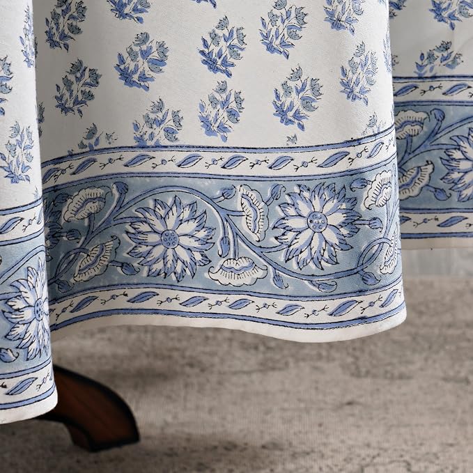 Ridhi Round Tablecloth Hand Block Print 100% Cotton Reusable Sky Beau Blue 120 Inch Table Cover Decorative Everyday Use for Dining, Home, Party, Wedding, Farmhouse, Party Gift for Spring, Mother's Day