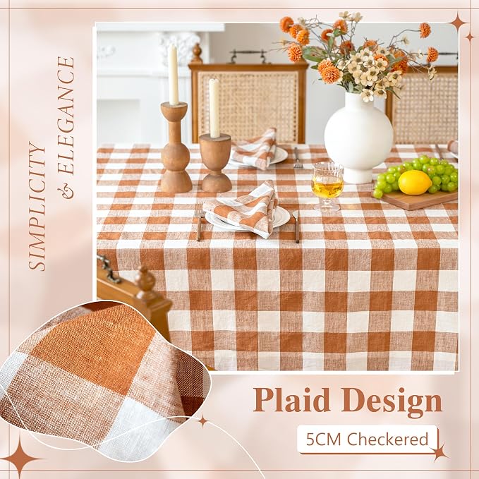 Linen World Gingham Tablecloth – Buffalo Plaid Linen Tablecloth 132" x 90" Inch,100% French Flax Table Cloth for Dining Table,Weddings,Thanksgiving & Christmas Decor,Rust Checkered