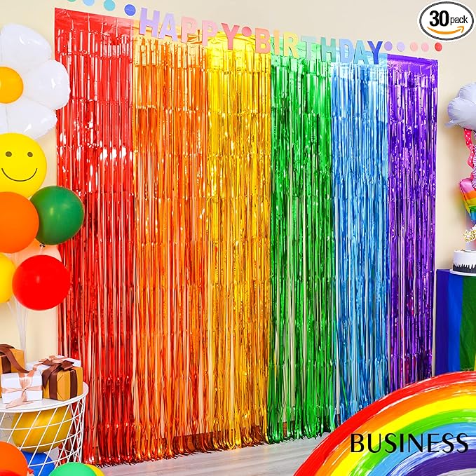 LOLStar Rainbow Photo Booth Props 30 Packs Rainbow Party Decorations 13.2x6.6 ft Foil Fringe Curtains Tinsel Metallic Streamers Holiday Backdrop for Birthday Wedding Engagement Back to School