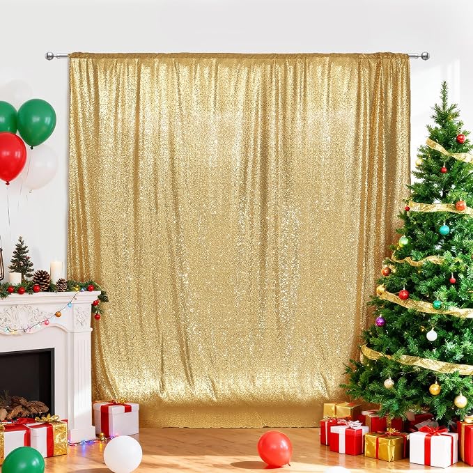 PartyDelight Gold Sequin Backdrop Curtains 6x8ft | 3mm stitched sequin curtain with 4 inch rod pocket for 6x8ft photo booth wall ceremony backdrop party wall and stage display