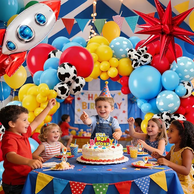 96Pcs Cartoon Toy Theme Baby Shower Decorations for Boy, Cowboy & Space Style Party Supplies with 4 Baby Boxes, Cow Cloud Pattern Balloons, Rocket Foil Balloon & Backdrop for Blue Yellow Red Decor