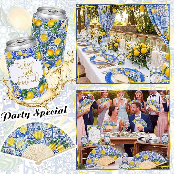 Hoteam 25 Sets Lemon Wedding Party Favors for Guests Bulk Including Yellow Can Cooler and Paper Folding Fans with Wedding Decor Table Sign Cheers to Love for Bridal Shower Party Souvenir