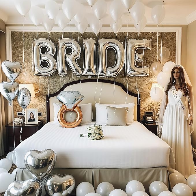 Silver Bridal Shower party decorations with huge 40in silver BRIDE letter Pearl Balloons BRIDE to be Sash Bridal Veil Diamond Ring Heart shape Balloons For Bachelorette party Wedding supplies