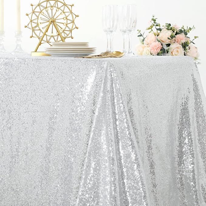 B-COOL Sequin Tablecloth Christmas Decoration 50x50 Inches Square Fabric Thanksgiving Table Cloth Sparkle Overlays Glitz Silver Table Overlay Baby Shower Birthday