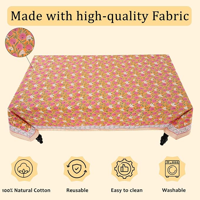 Ridhi Bubblegum Pink Hand Block Print Cotton Rectangle Tablecloth 160" x 72" inches Reusable Table Cover Decorative Everyday Use for Dining Room, Farmhouse, Home Gift for Spring, Mother's Day