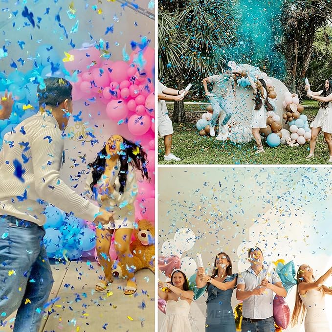 PrimePure Gender Reveal Confetti Cannon - Butterfly Confetti Popper & Biodegradable Powder Cannon - Blue, 4 Pack - Baby Boy Gender Reveal Smoke Bombs Baby Powder Blue Paper Party Poppers